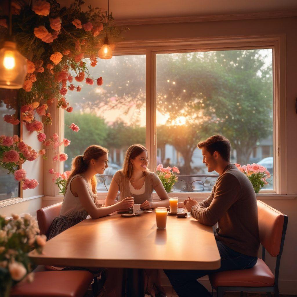 A cozy cafe setting with a couple sitting at a table, engaged in an intimate conversation while surrounded by soft lighting and blooming flowers. Include elements like smartphones displaying dating apps, heart-themed decorations, and a romantic sunset view through the window. Emphasize warmth, connection, and happiness. super-realistic. vibrant colors. soft focus.