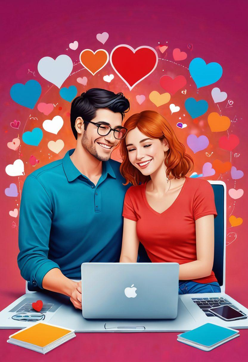 A whimsical illustration of a couple sitting at their laptops, joyfully exchanging messages on a vibrant online dating platform. In the background, hearts and digital icons float around, symbolizing online love connections. The scene conveys warmth, excitement, and a sense of partnership, depicting diverse individuals interacting and smiling. super-realistic. vibrant colors. warm background.