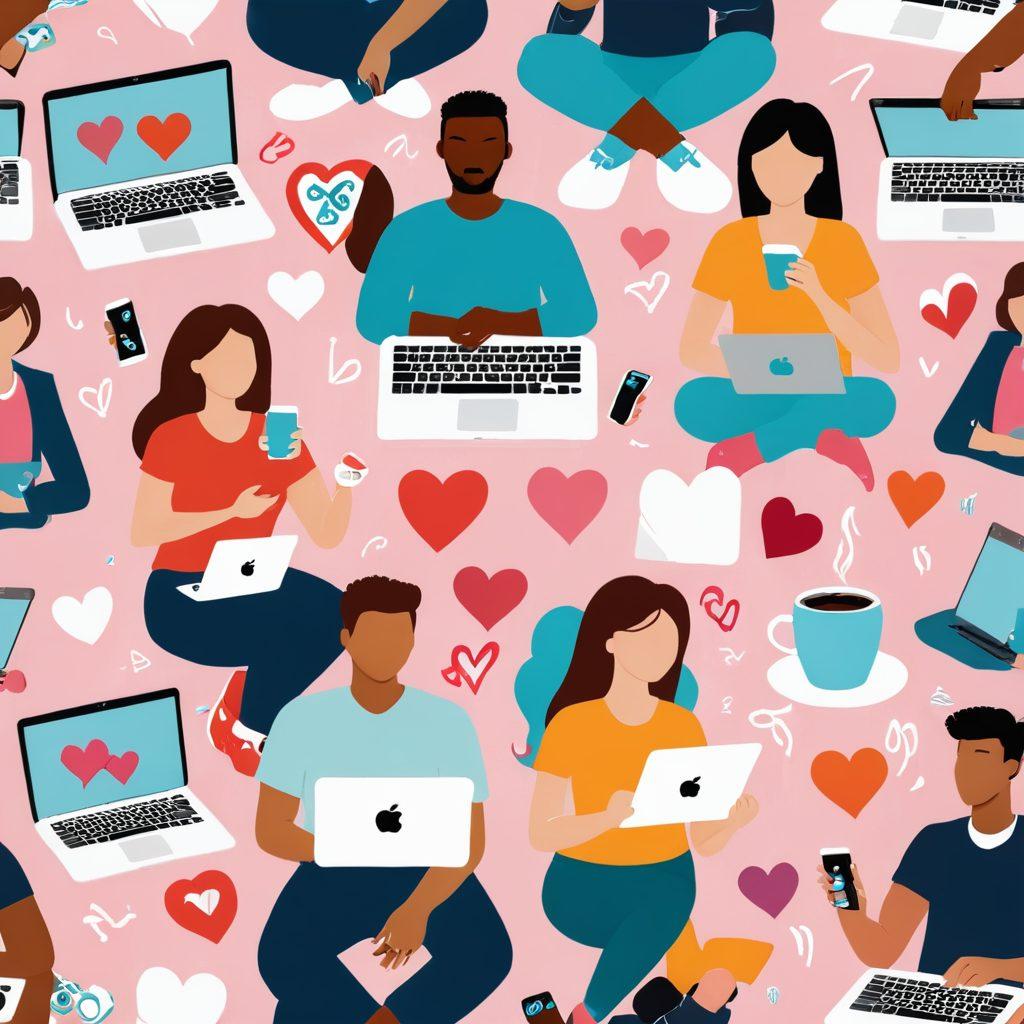 A whimsical, illustrated scene depicting a diverse group of people engaging in an online dating application process on laptops and phones, surrounded by hearts and love symbols. Include elements like coffee cups, romantic quotes, and vibrant social media icons. The atmosphere should feel inviting and playful, capturing the excitement and challenges of online dating. A soft pastel color palette enhances the warm, friendly vibe. vector art. vibrant colors.